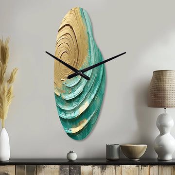 Teal Gold Surreal Spirals III - Asymmetric Metal Wall Clock